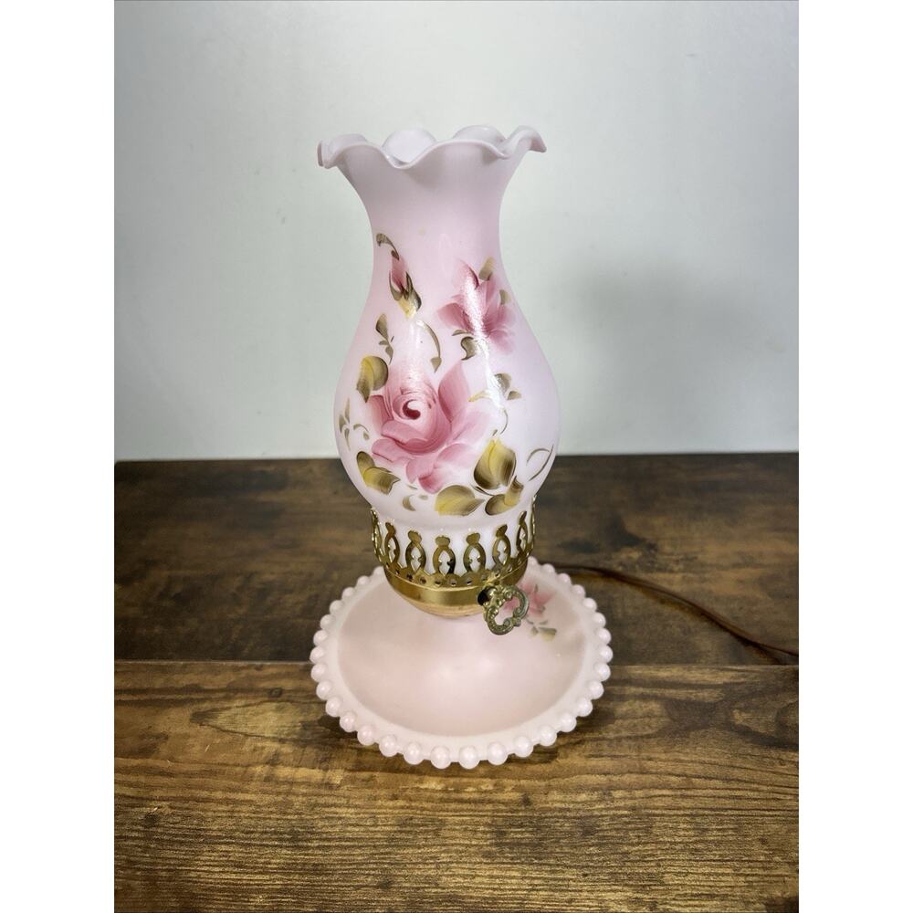 VTG Pink Hurricane Lamp Hand Paint Roses Milk Glass Works 11” Scalloped Hobnail - Picture 3 of 11